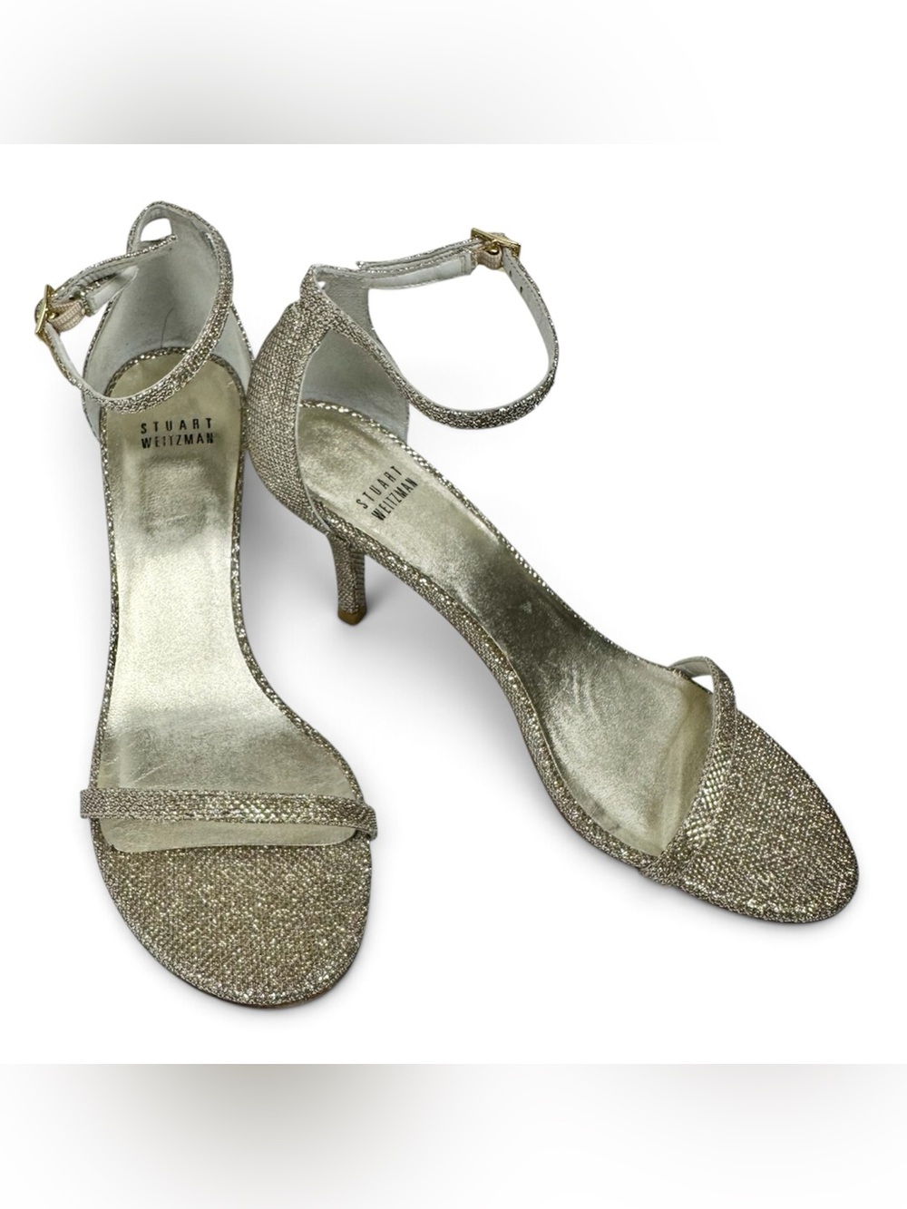 Stuart Weitzman Gold Metallic Glitter Ankle Strap Heels – Women’s 7.5 M